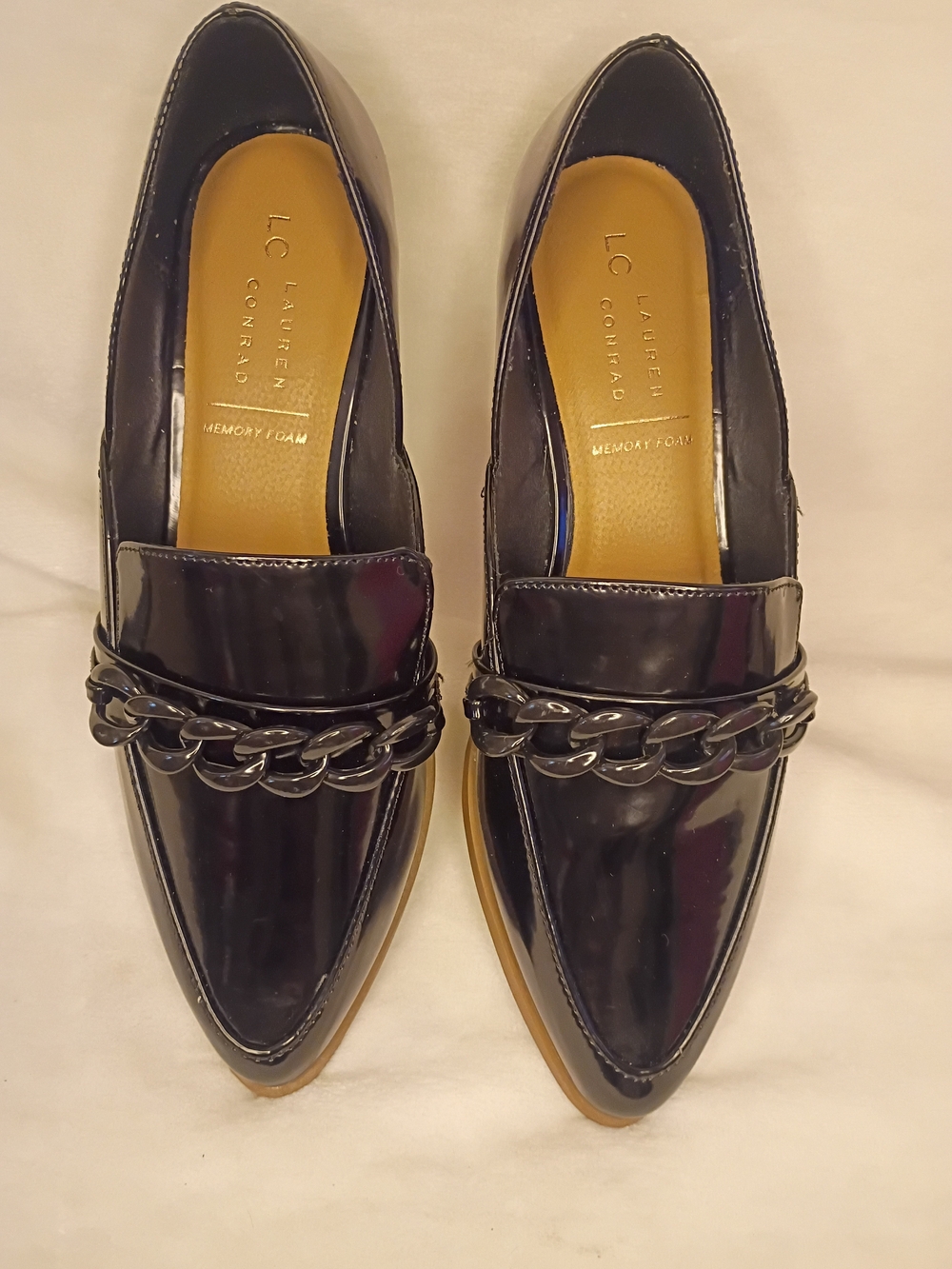 Black Patent Pointed Toe Chain Loafers - Picture 2 of 13